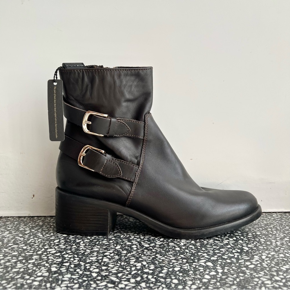 Emanuele Crasto Brown Leather Ankle Boots Double Buckle Size 40